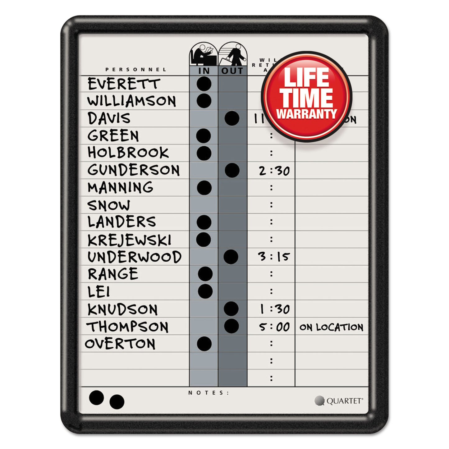 Quartet Employee In/Out Board, 11 x 14, Porcelain White/Gray Surface, Black Plastic Frame (750)