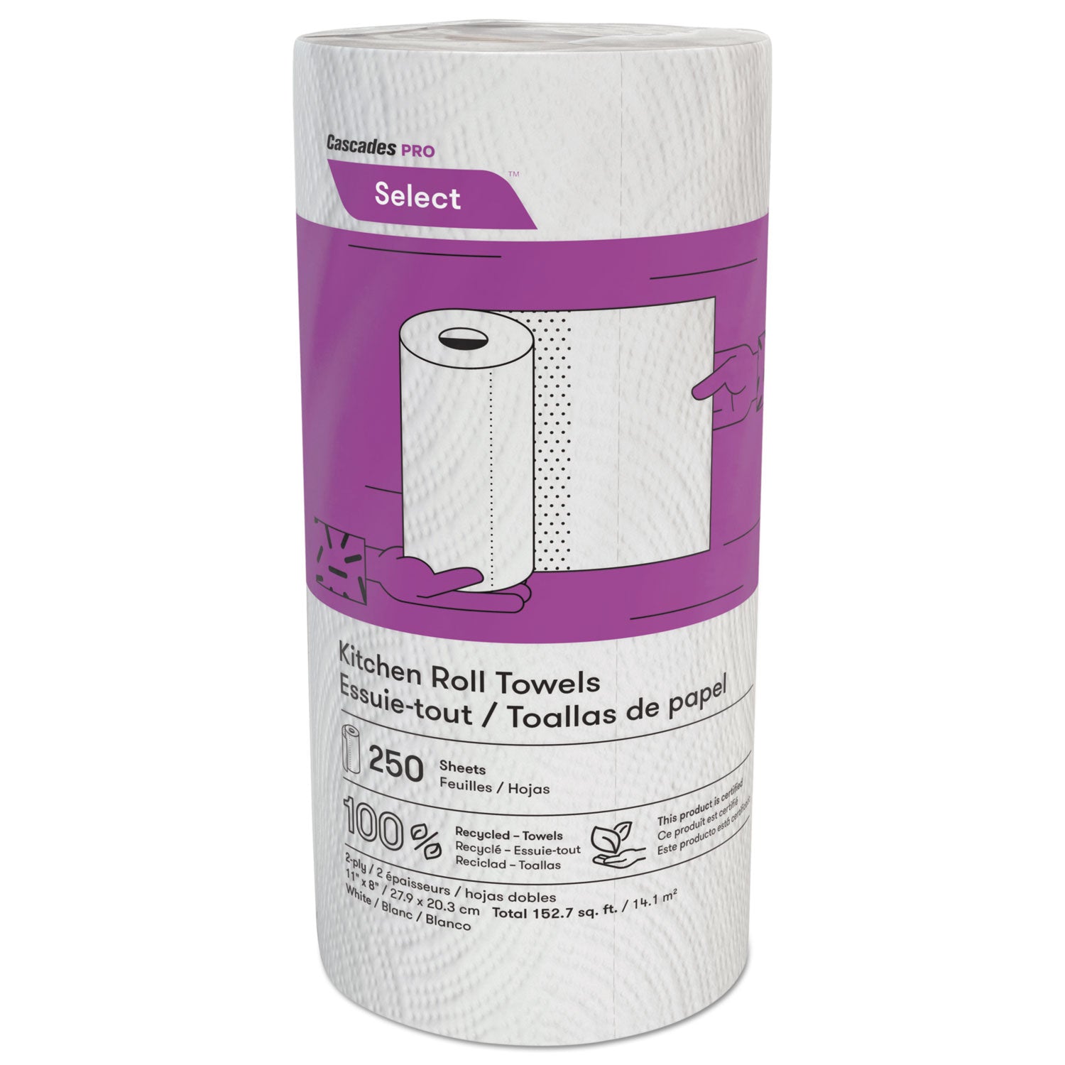 Cascades Select Kitchen Roll Towels, 2-Ply, 8 x 11, 250/Roll, 12/Carton (K250)