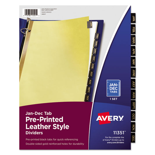 Avery Preprinted Black Leather Tab Dividers w/Gold Reinforced Edge, 12-Tab, Jan. to Dec., 11 x 8.5, Buff, 1 Set (11351)