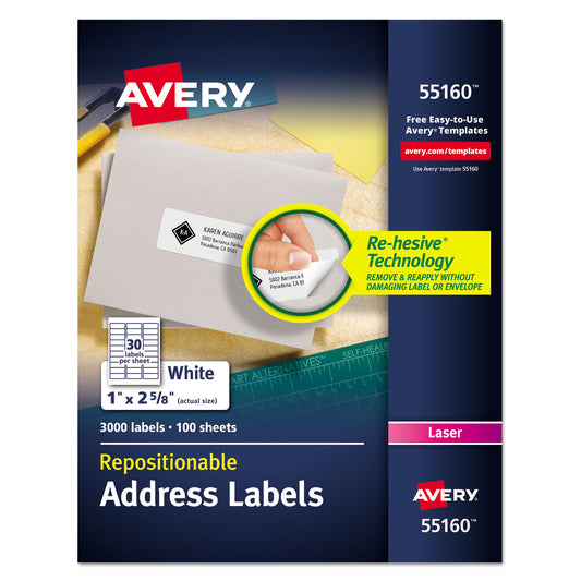 Avery Repositionable Address Labels w/SureFeed, Laser, 1 x 2.63, White, 3000/Box (55160)