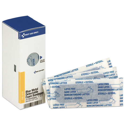 First Aid Only Metal Detectable Adhesive Bandages, Foam, Blue, 1 x 3, 25/Box (FAE3110)