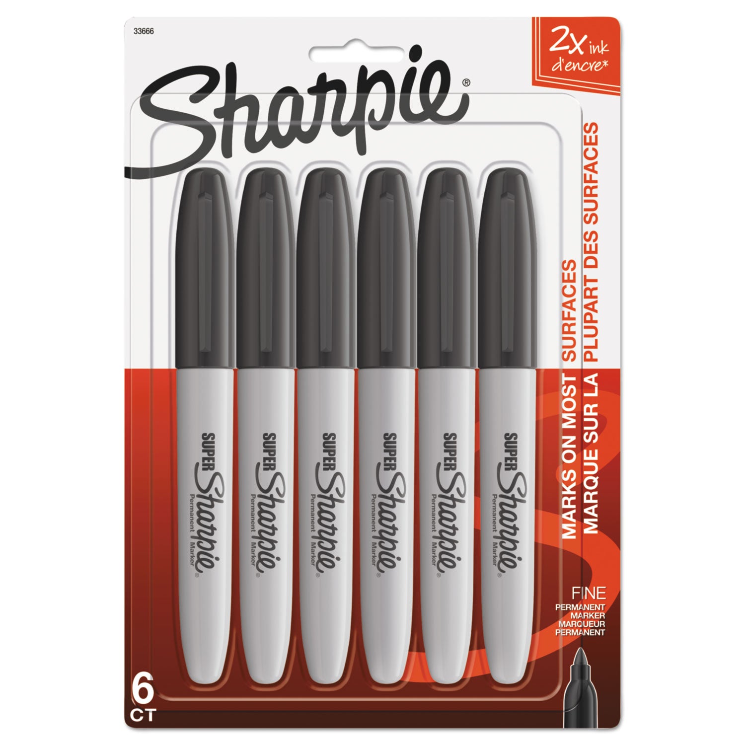 Sharpie Super Permanent Marker, Fine Bullet Tip, Black, 6/Pack (33666PP)
