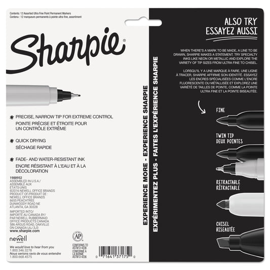 Sharpie Ultra Fine Tip Permanent Marker, Ultra-Fine Needle Tip, Assorted Colors, Dozen (37175PP)