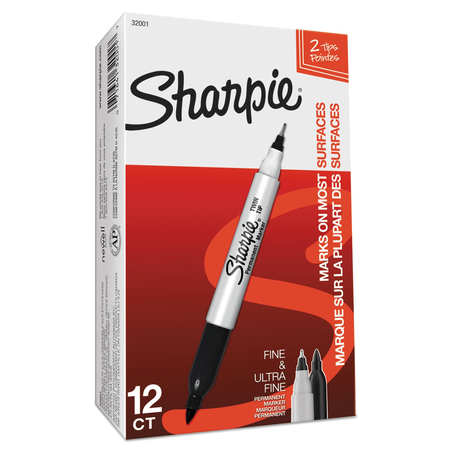 Sharpie Twin-Tip Permanent Marker, Extra-Fine/Fine Bullet Tips, Black, Dozen (32001B)