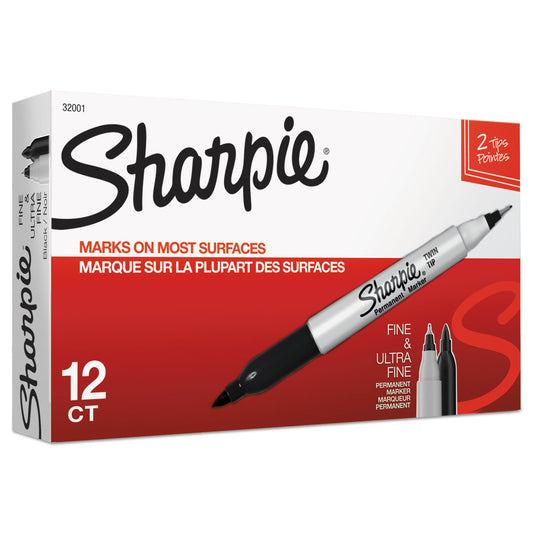 Sharpie Twin-Tip Permanent Marker, Extra-Fine/Fine Bullet Tips, Black, Dozen (32001B)