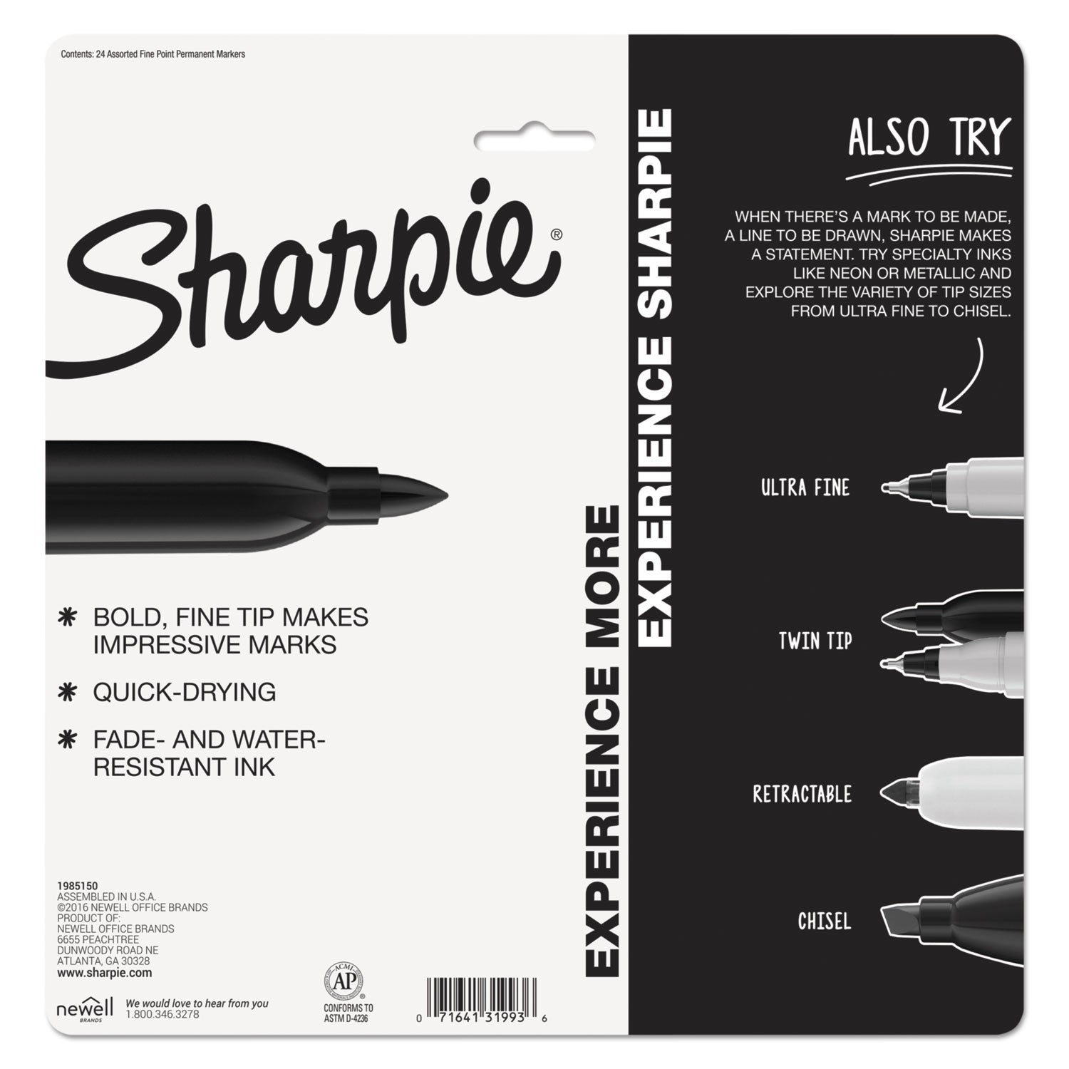 Sharpie Fine Tip Permanent Marker, Fine Bullet Tip, Assorted Colors, 24/Pack (1927350)