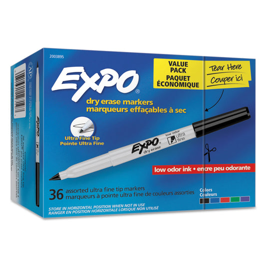 EXPO Low-Odor Dry Erase Marker Office Value Pack, Extra-Fine Bullet Tip, Assorted Colors, 36/Pack (2003895)