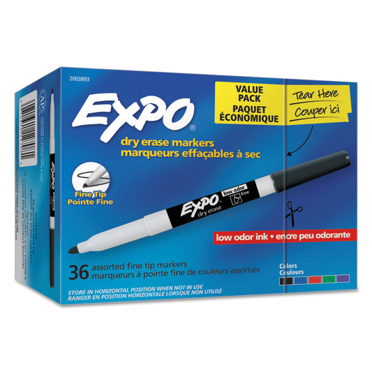 EXPO Low-Odor Dry Erase Marker Office Value Pack, Fine Bullet Tip, Assorted Colors, 36/Pack (2003893)