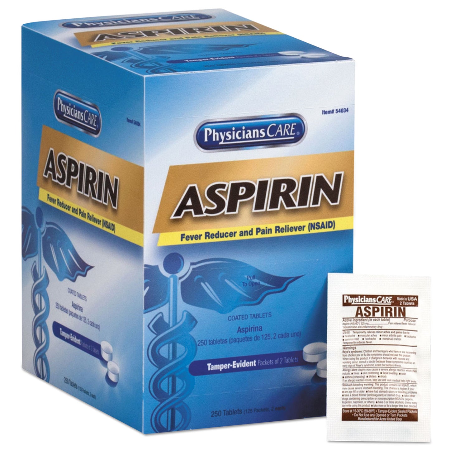 PhysiciansCare Aspirin Tablets, 250/Box (54034)