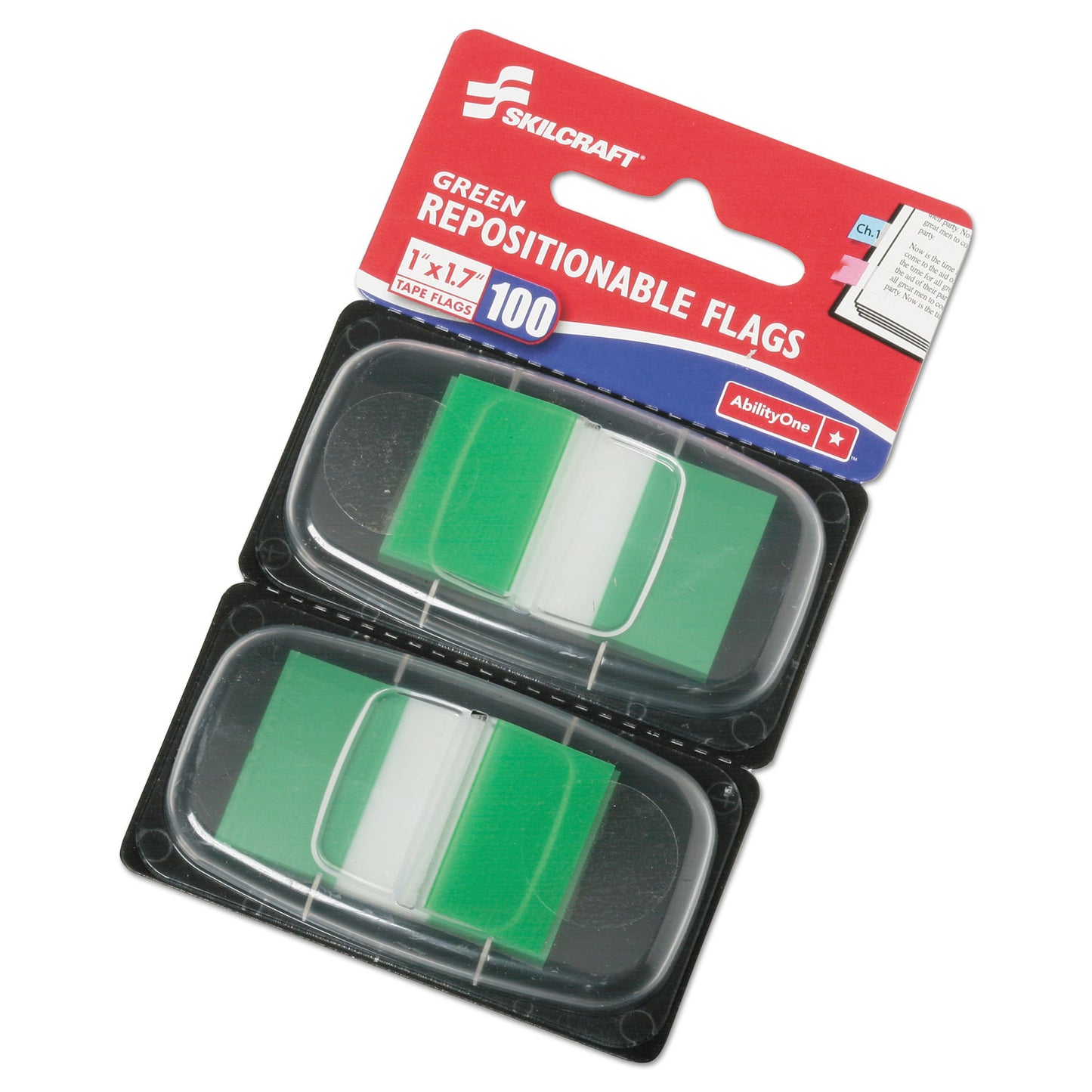 AbilityOne 7510013152020, SKILCRAFT Page Flags, 1 x 1.75, Green, 50 Flags/Dispenser, 2 Dispensers/Pack100/Pack