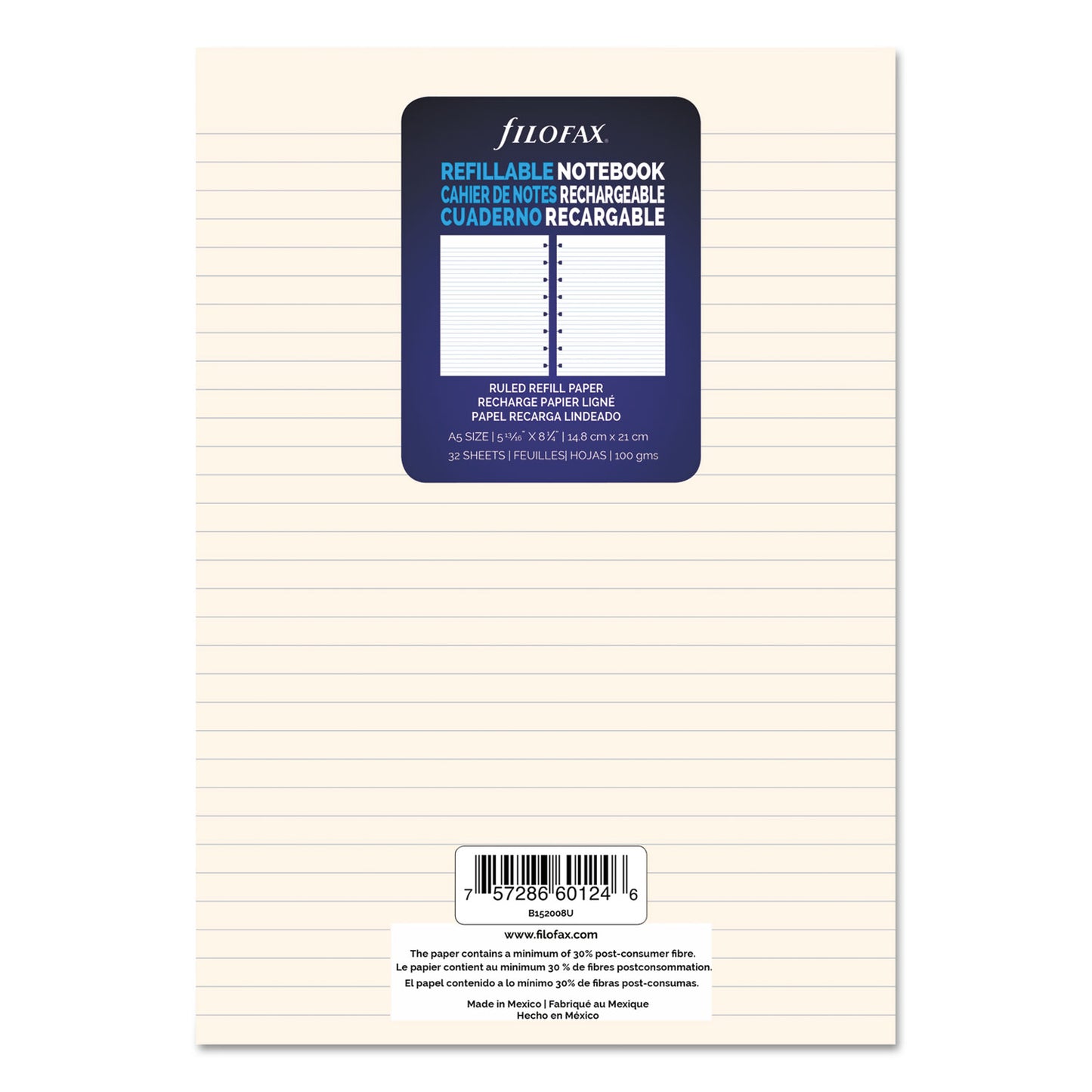 Filofax Notebook Refills, 8-Hole, 8.25 x 5.81, Narrow Rule, 32/Pack (B152008U)