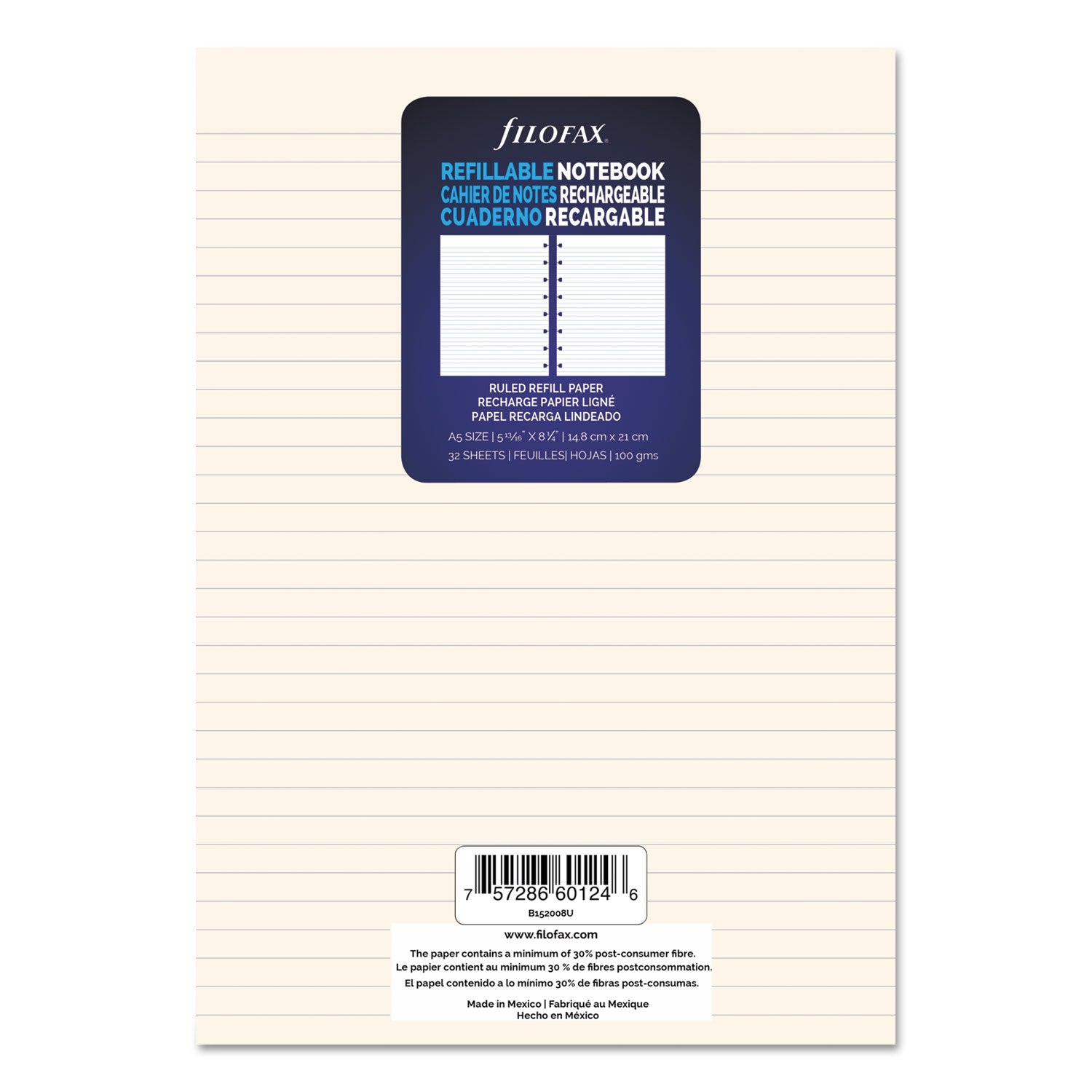 Filofax Notebook Refills, 8-Hole, 8.25 x 5.81, Narrow Rule, 32/Pack (B152008U)