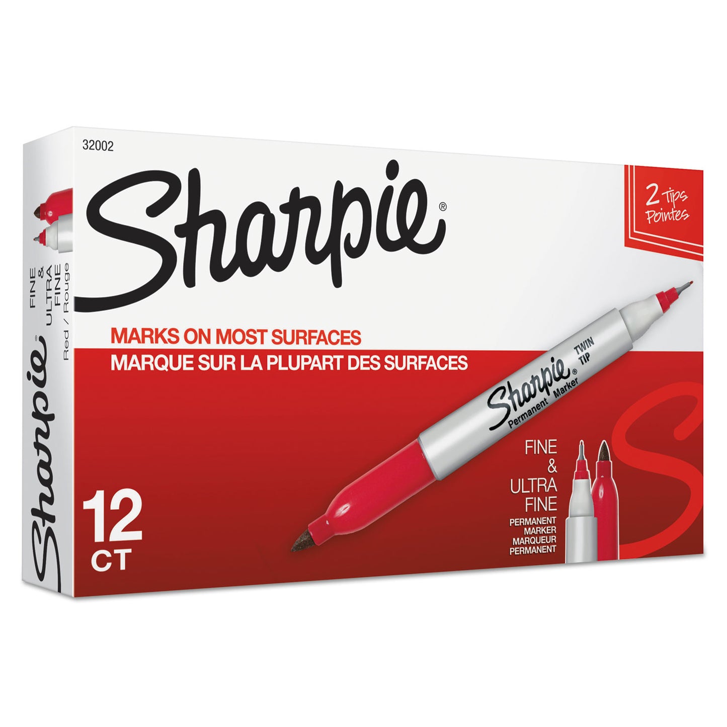 Sharpie Twin-Tip Permanent Marker, Extra-Fine/Fine Bullet Tips, Red, Dozen (32002)