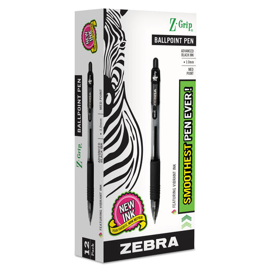 Zebra Z-Grip Ballpoint Pen, Retractable, Medium 1 mm, Black Ink, Clear/Black Barrel, 12/Pack (22210)