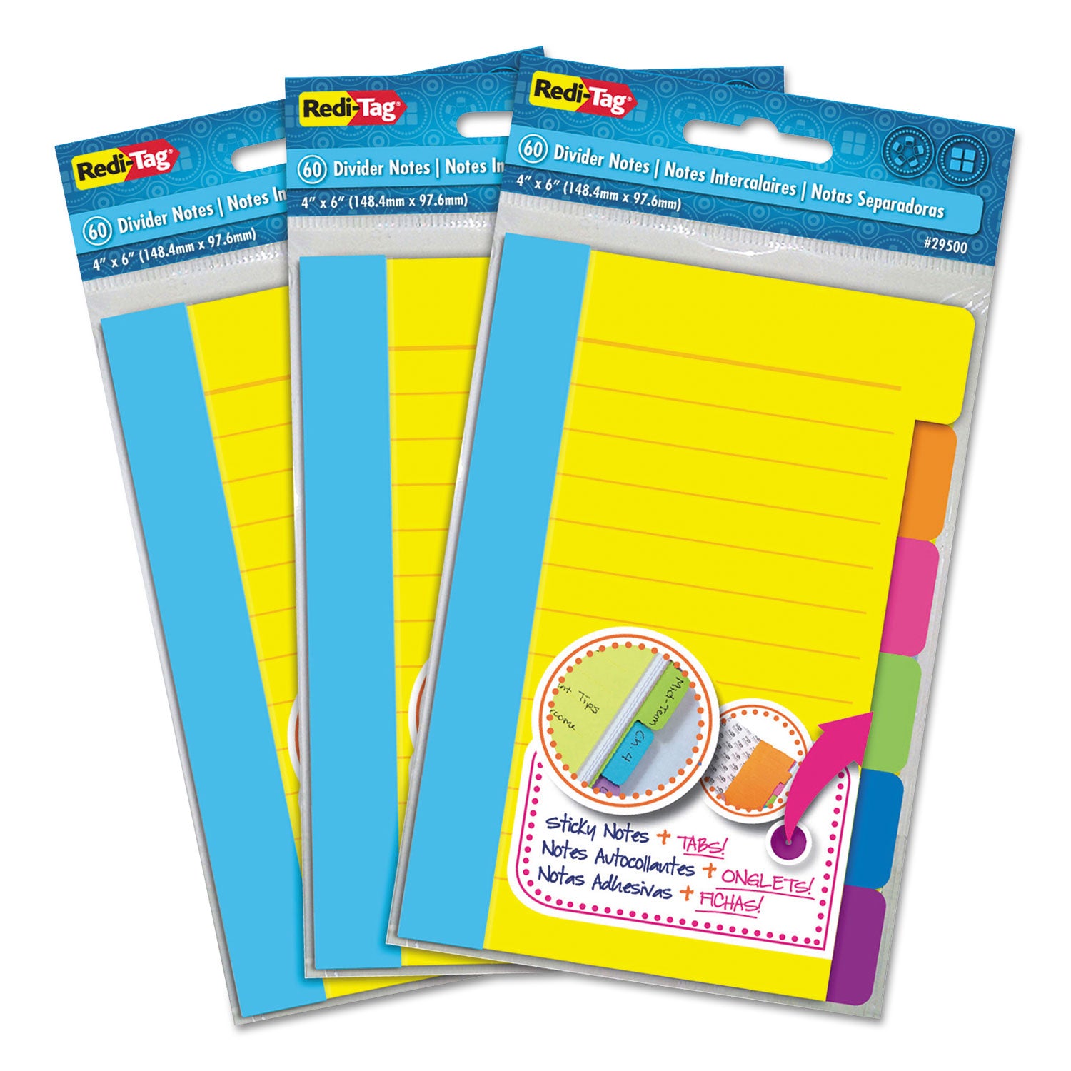 Redi-Tag Divider Sticky Notes, 6-Tab Sets, Note Ruled, 4" x 6", Assorted Colors, 60 Sheets/Set, 3 Sets/Box (10245)