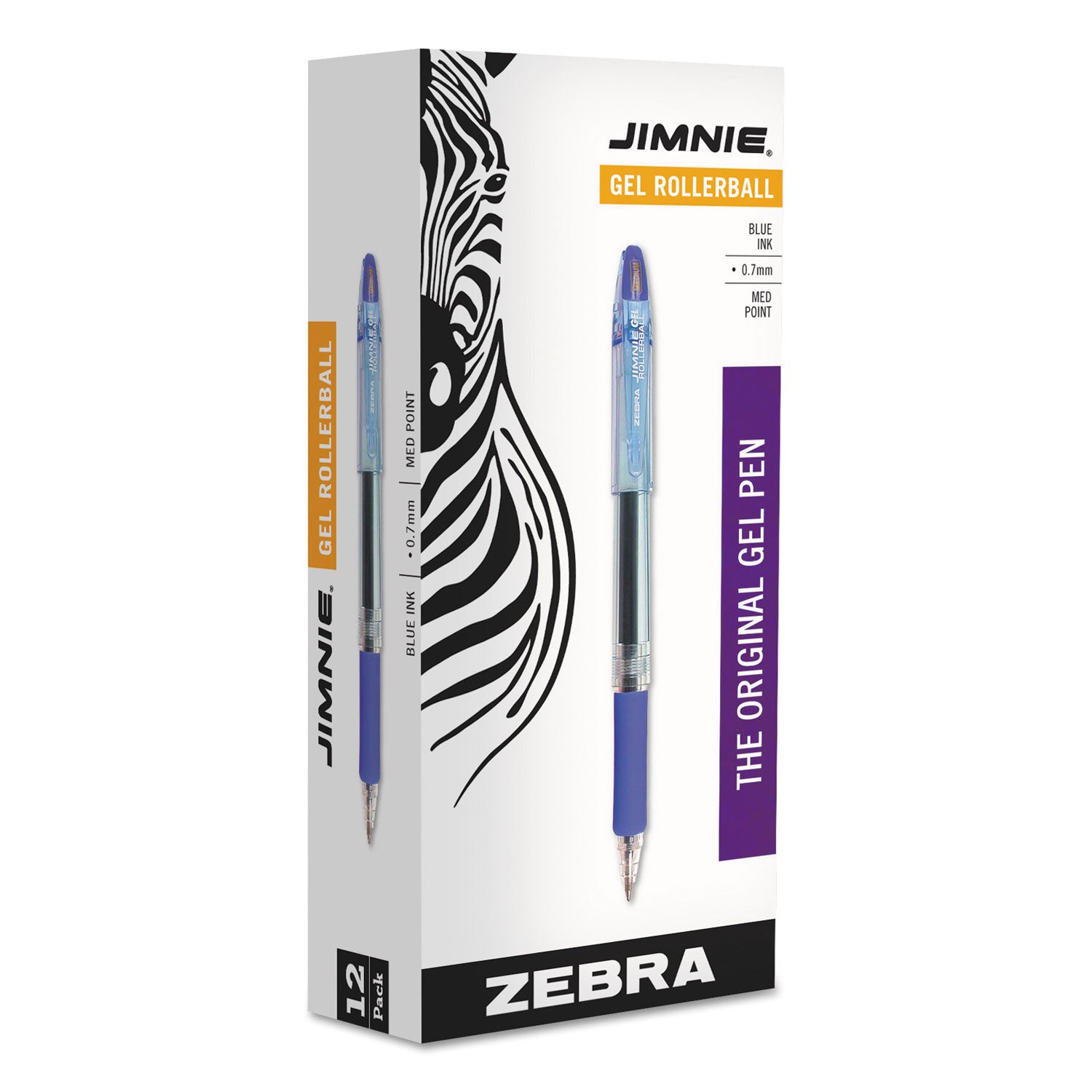 Zebra Jimnie Gel Pen, Stick, Medium 0.7 mm, Blue Ink, Clear/Blue Barrel, 12/Pack (44120)