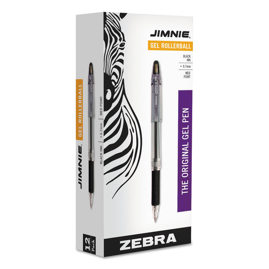 Zebra Jimnie Gel Pen, Stick, Medium 0.7 mm, Black Ink, Clear/Black Barrel, 12/Pack (44110)