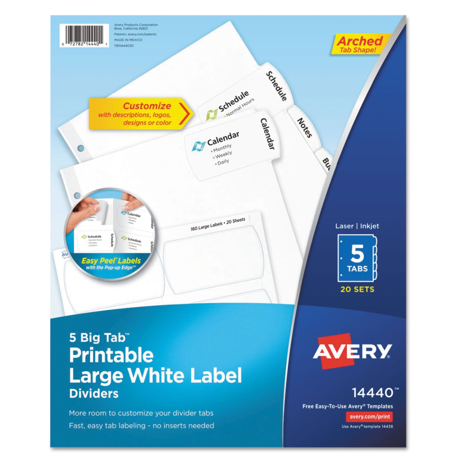 Avery Big Tab Printable Large White Label Tab Dividers, 5-Tab, 11 x 8.5, White, 20 Sets (14440)