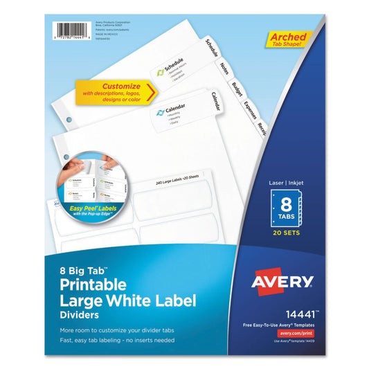 Avery Big Tab Printable Large White Label Tab Dividers, 8-Tab, 11 x 8.5, White, 20 Sets (14441)