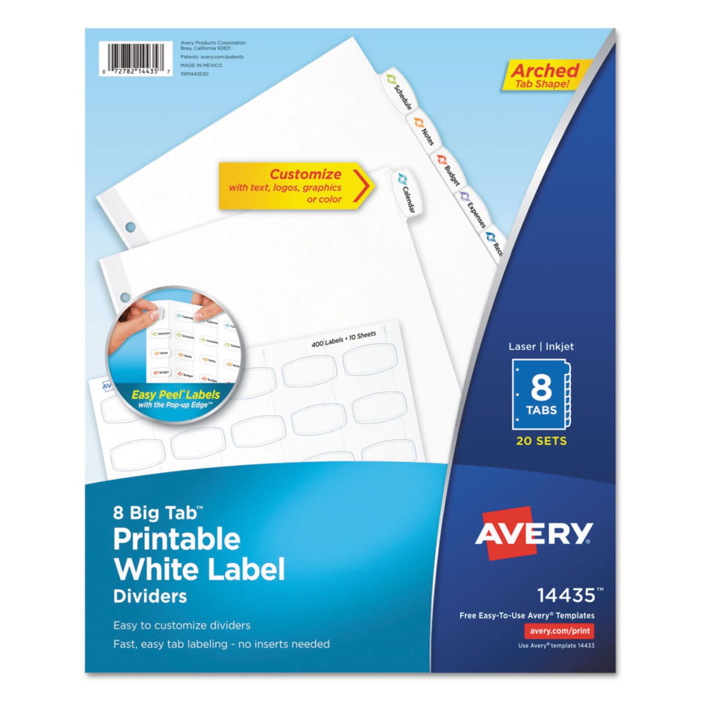 Avery Big Tab Printable White Label Tab Dividers, 8-Tab, 11 x 8.5, White, 20 Sets (14435)