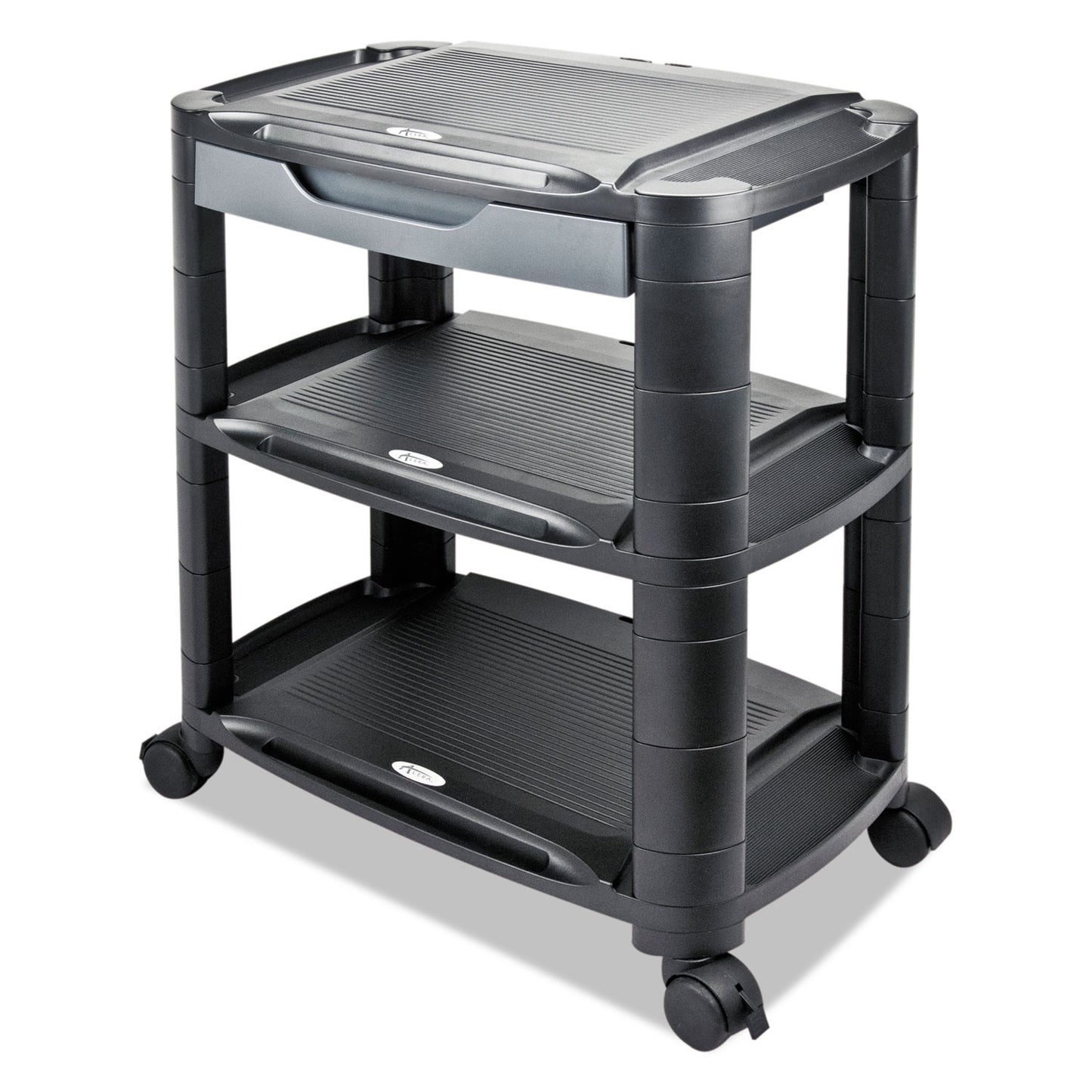 Alera 3-in-1 Cart/Stand, Plastic, 3 Shelves, 1 Drawer, 100 lb Capacity, 21.63" x 13.75" x 24.75", Black/Gray (U3N1BL)