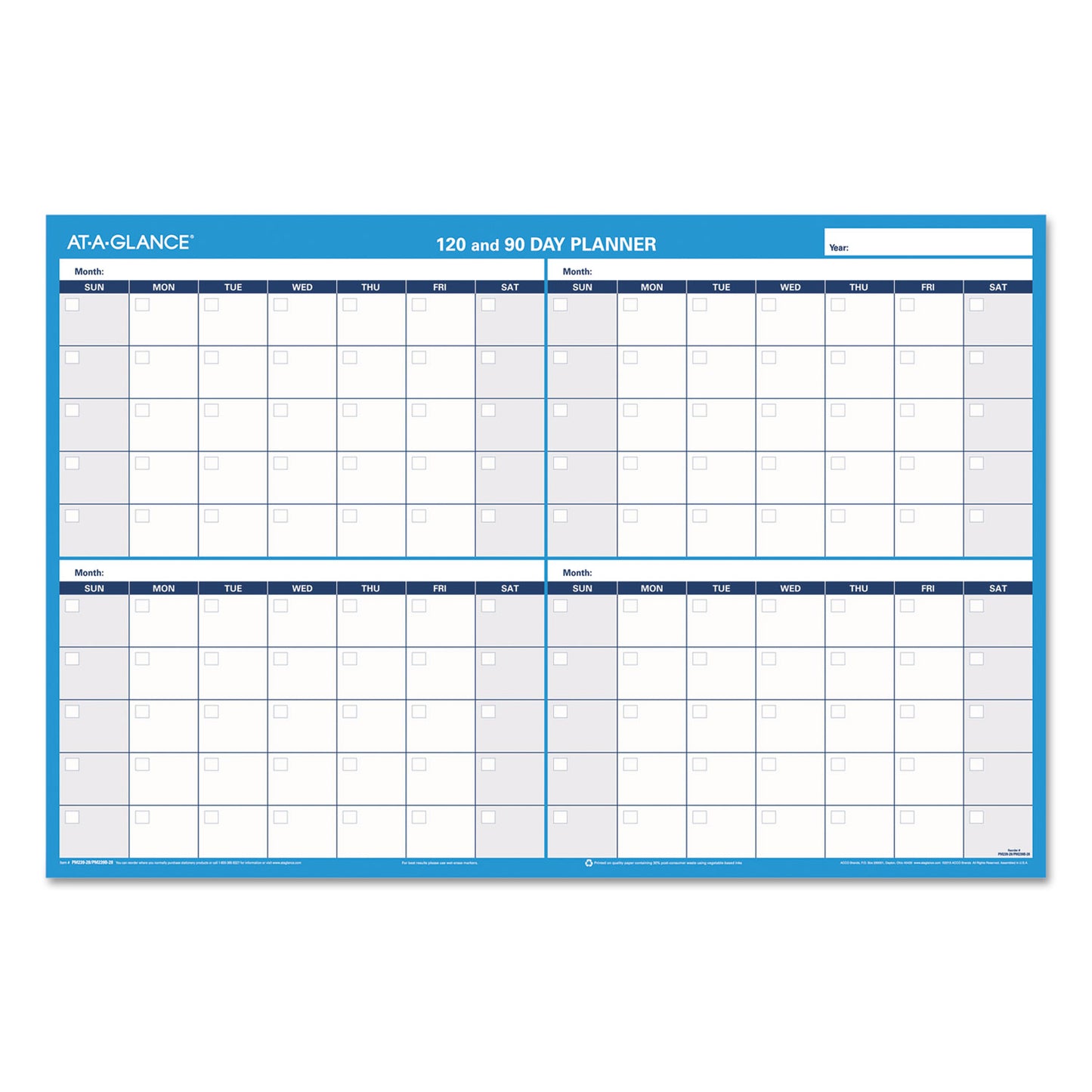 AT-A-GLANCE 90/120-Day Undated Horizontal Erasable Wall Planner, 36 x 24, White/Blue Sheets, Undated (PM23928)