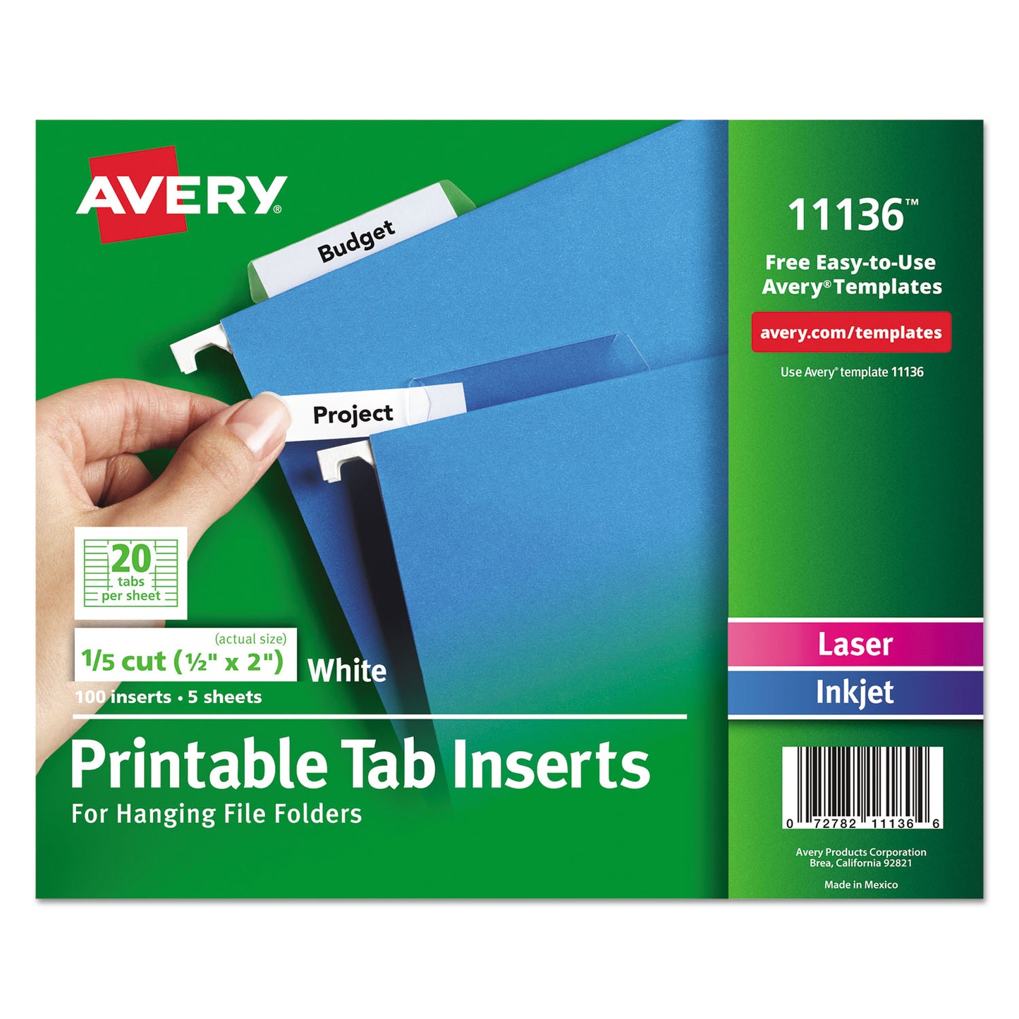 Avery Tabs Inserts For Hanging File Folders, 1/5-Cut, White, 2" Wide, 100/Pack (11136)