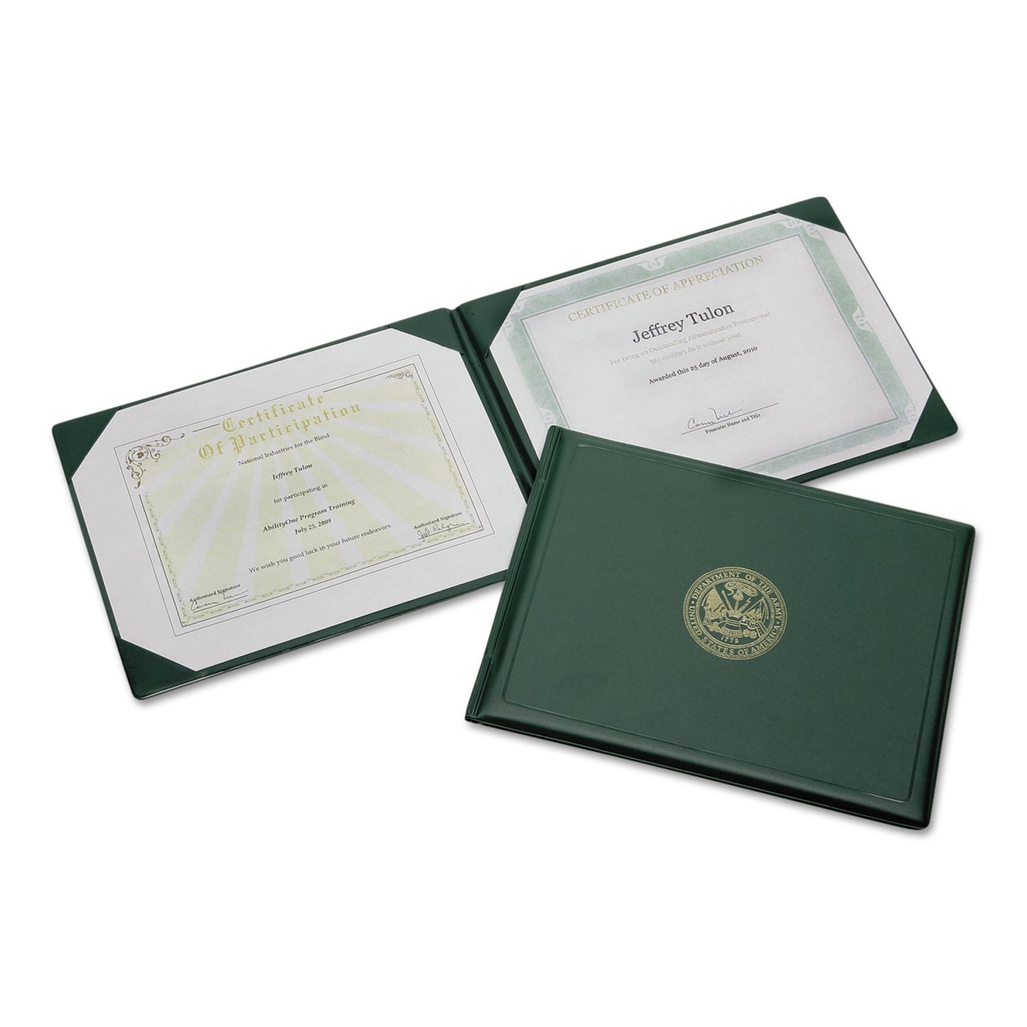 AbilityOne 7510007557077, SKILCRAFT Award Certificate Holder, 8.5 x 11, Army Seal, Green/Gold