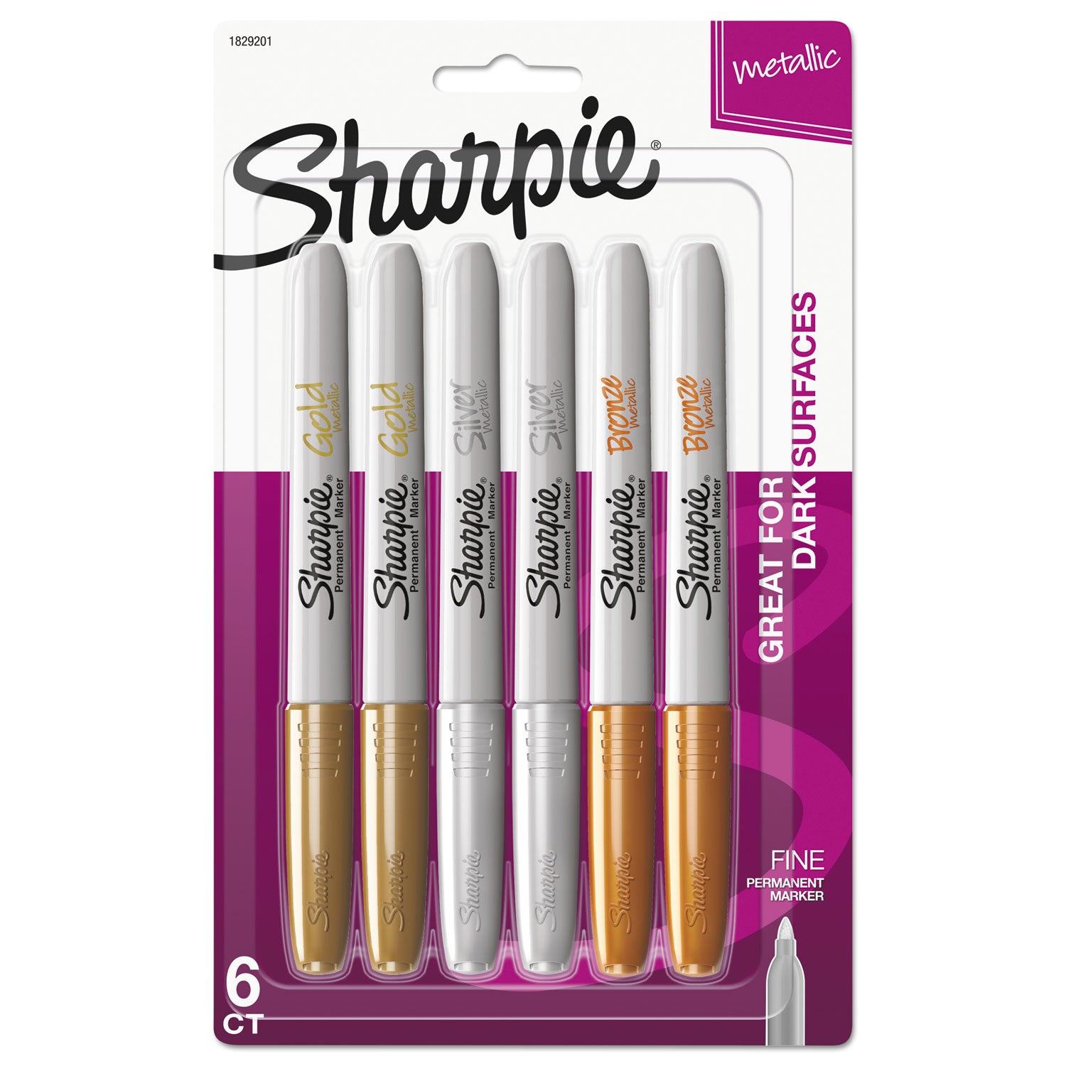 Sharpie Metallic Fine Point Permanent Markers, Fine Bullet Tip, Gold-Silver-Bronze, 6/Pack (1829201)