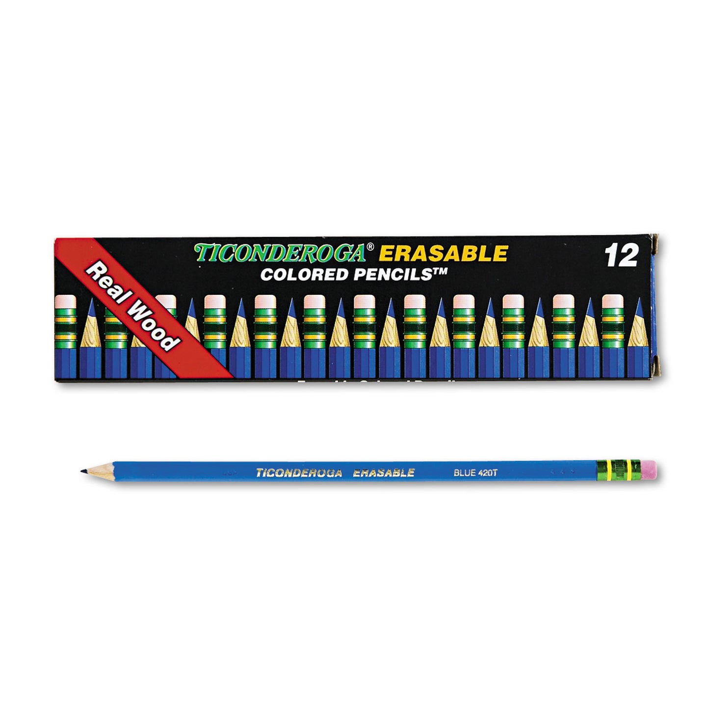 Ticonderoga Erasable Colored Pencils, 2.6 mm, 2B, Blue Lead, Blue Barrel, Dozen (14209)