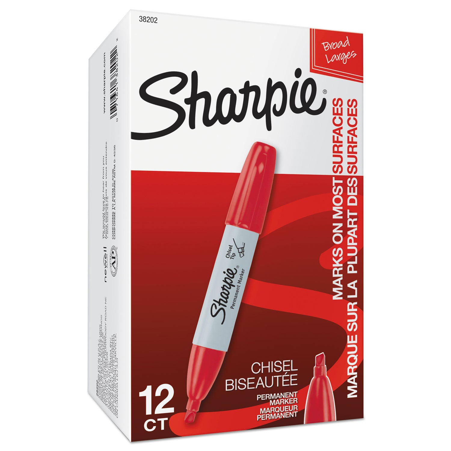 Sharpie Chisel Tip Permanent Marker, Medium Chisel Tip, Red, Dozen (38202)