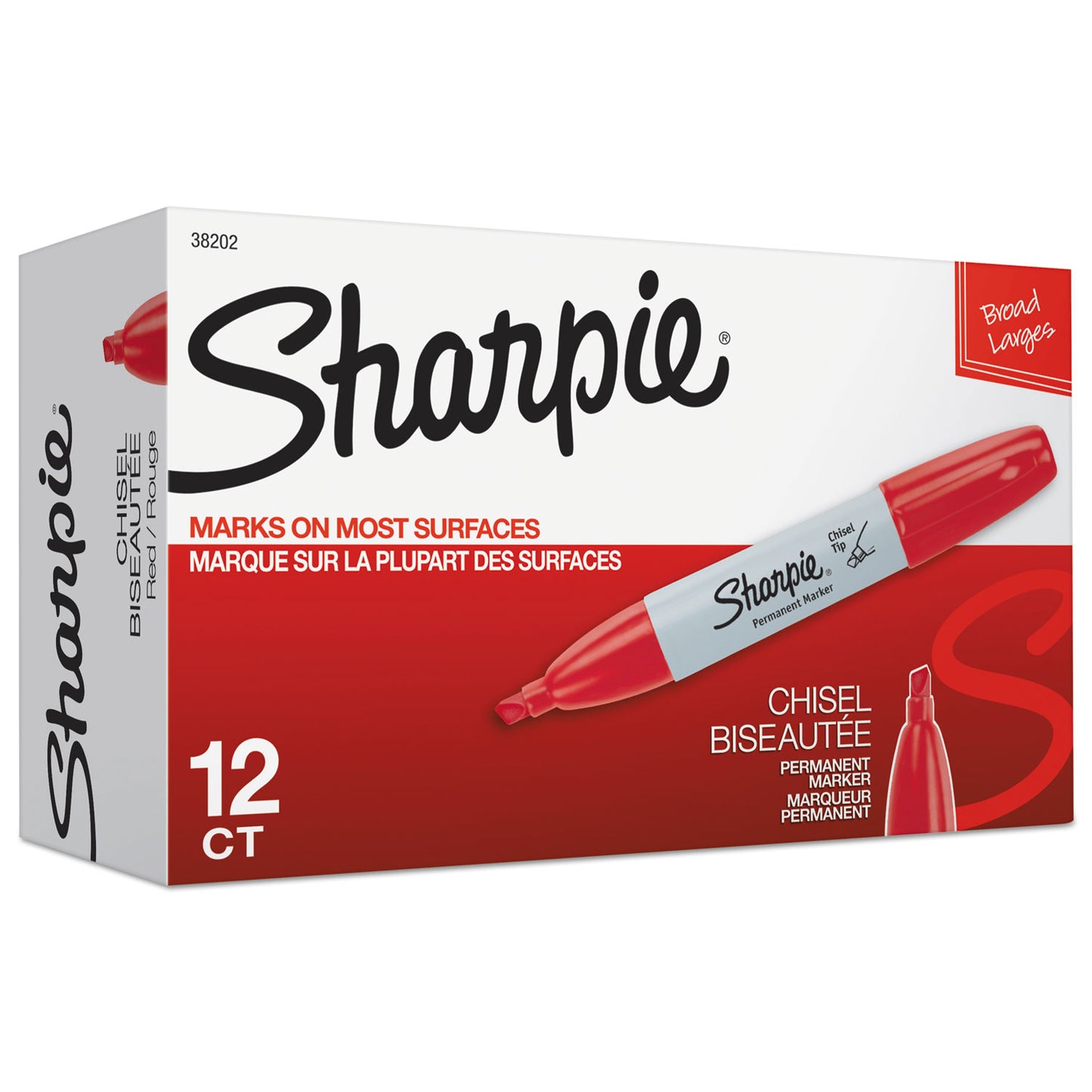 Sharpie Chisel Tip Permanent Marker, Medium Chisel Tip, Red, Dozen (38202)