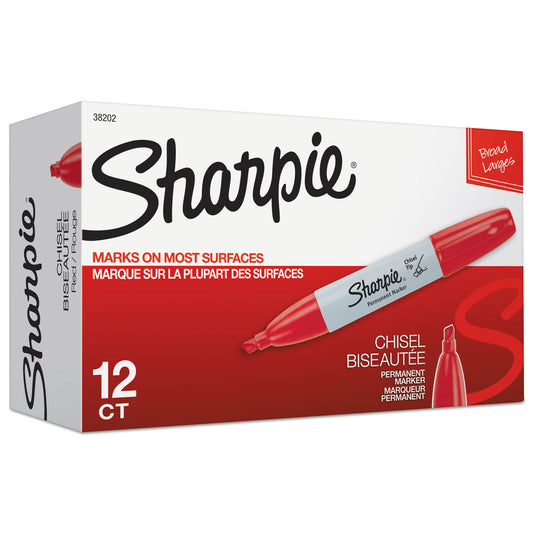 Sharpie Chisel Tip Permanent Marker, Medium Chisel Tip, Red, Dozen (38202)