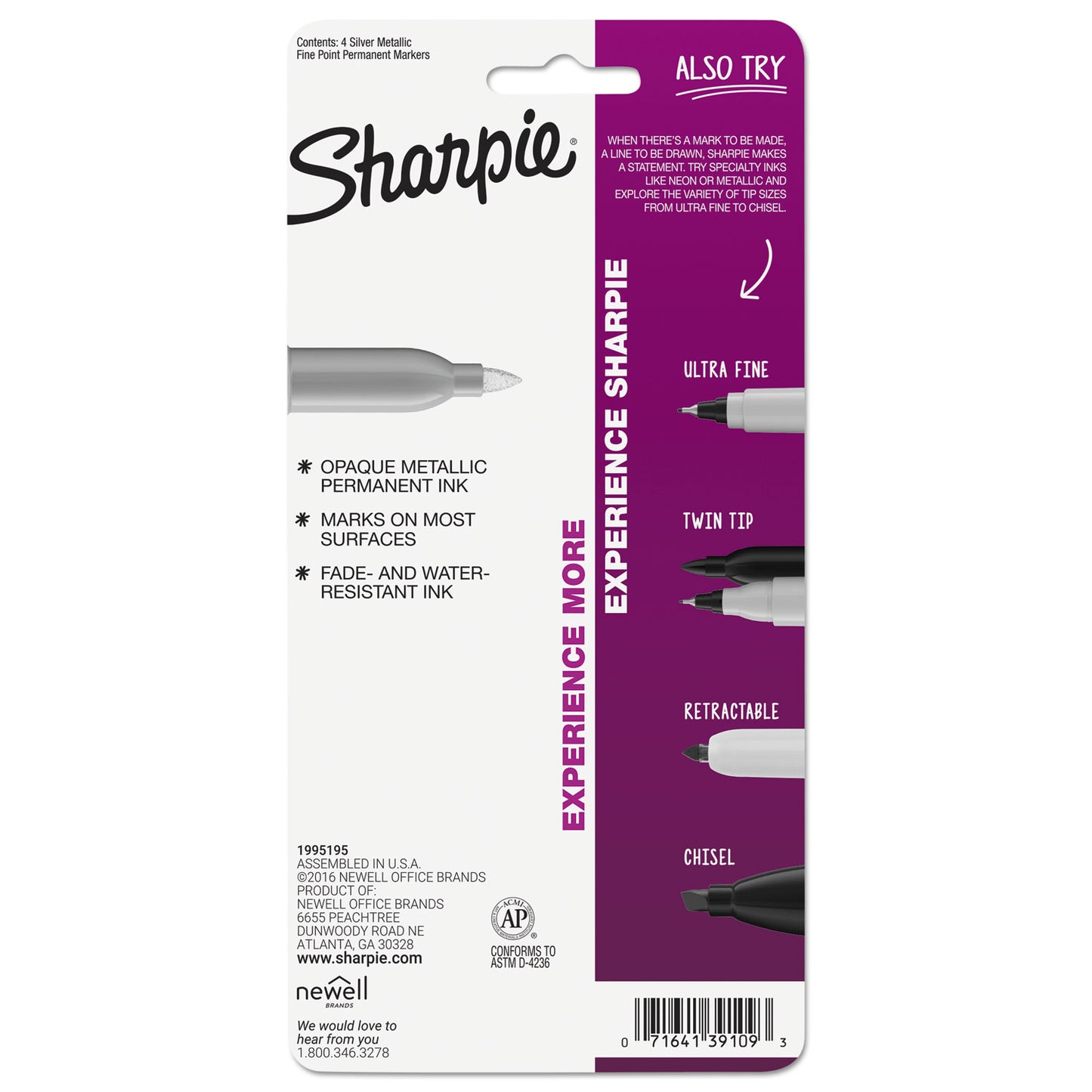Sharpie Metallic Fine Point Permanent Markers, Fine Bullet Tip, Metallic Silver, 4/Pack (39109PP)