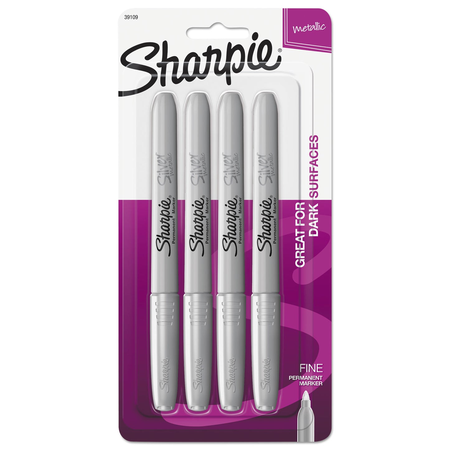 Sharpie Metallic Fine Point Permanent Markers, Fine Bullet Tip, Metallic Silver, 4/Pack (39109PP)
