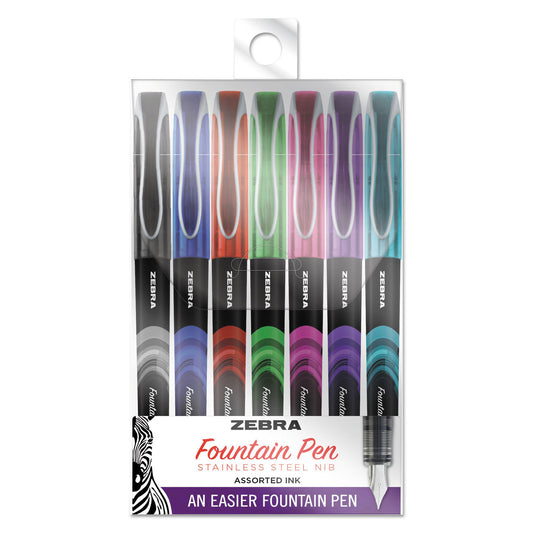 Zebra Fountain Pen, Fine 0.6 mm, Assorted Ink and Barrel Colors, 7/Pack (48307)