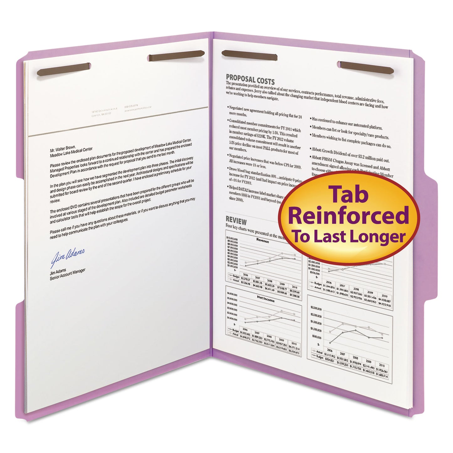 Smead Top Tab Colored Fastener Folders, 0.75" Expansion, 2 Fasteners, Letter Size, Lavender Exterior, 50/Box (12440)