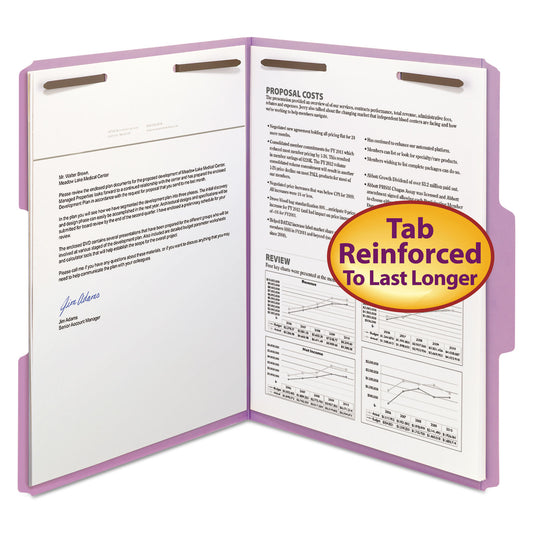 Smead Top Tab Colored Fastener Folders, 0.75" Expansion, 2 Fasteners, Letter Size, Lavender Exterior, 50/Box (12440)