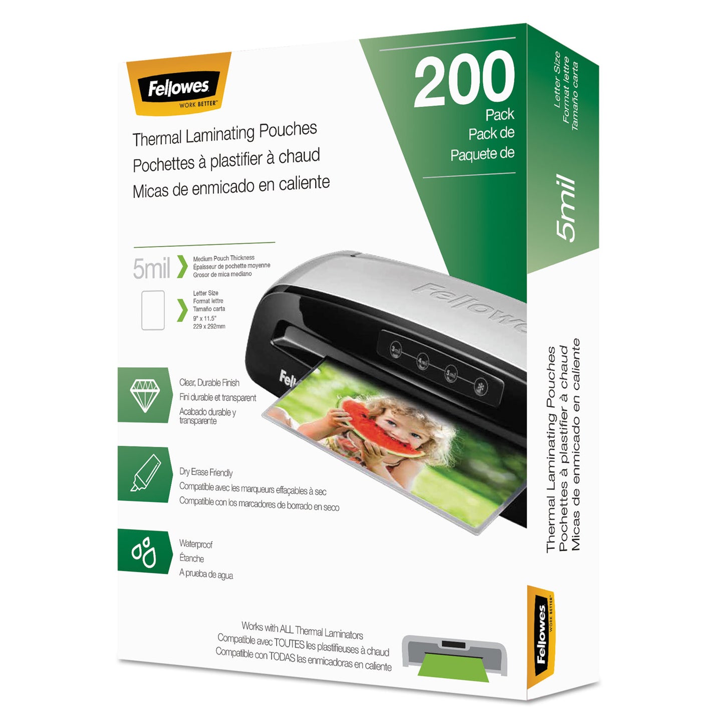 Fellowes Laminating Pouches, 5 mil, 9" x 11.5", Gloss Clear, 200/Pack (5743601)