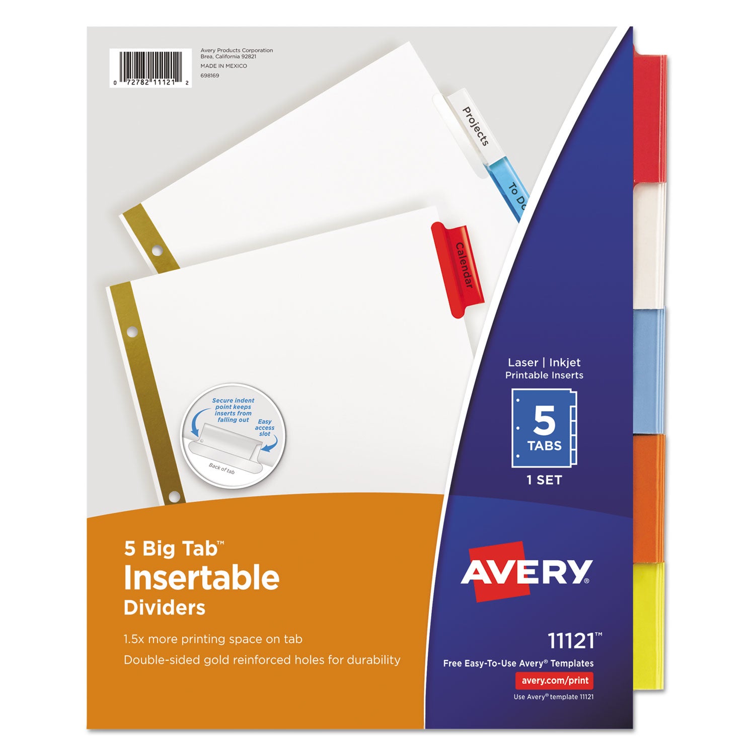 Avery Insertable Big Tab Dividers, 5-Tab, Double-Sided Gold Edge Reinforcing, 11 x 8.5, White, Assorted Tabs, 1 Set (11121)