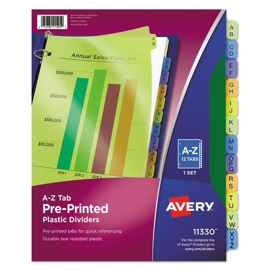 Avery Durable Preprinted Plastic Tab Dividers, 12-Tab, A to Z, 11 x 8.5, Assorted, 1 Set (11330)