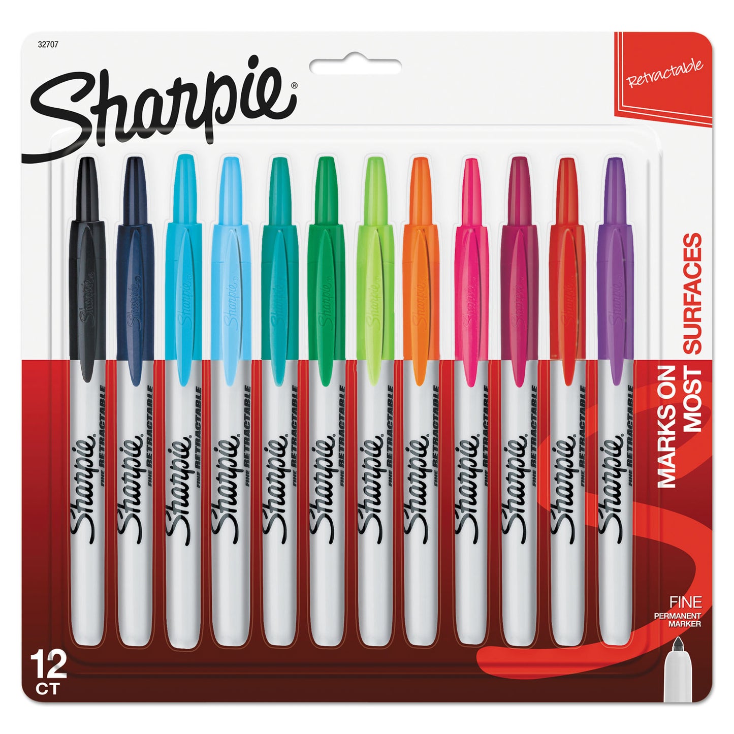 Sharpie Retractable Permanent Marker, Fine Bullet Tip, Assorted Colors, 12/Set (32707)