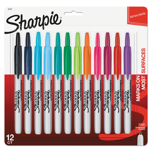 Sharpie Retractable Permanent Marker, Fine Bullet Tip, Assorted Colors, 12/Set (32707)
