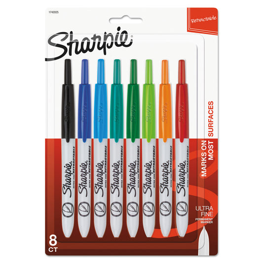 Sharpie Retractable Permanent Marker, Extra-Fine Needle Tip, Assorted Colors, 8/Set (1742025)
