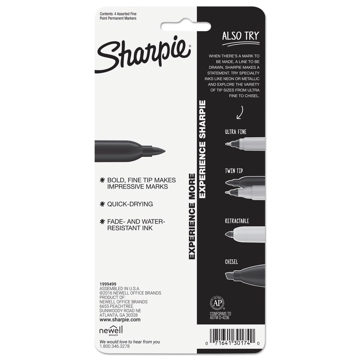 Sharpie Fine Tip Permanent Marker, Fine Bullet Tip, Assorted Colors, 4/Set (30174PP)