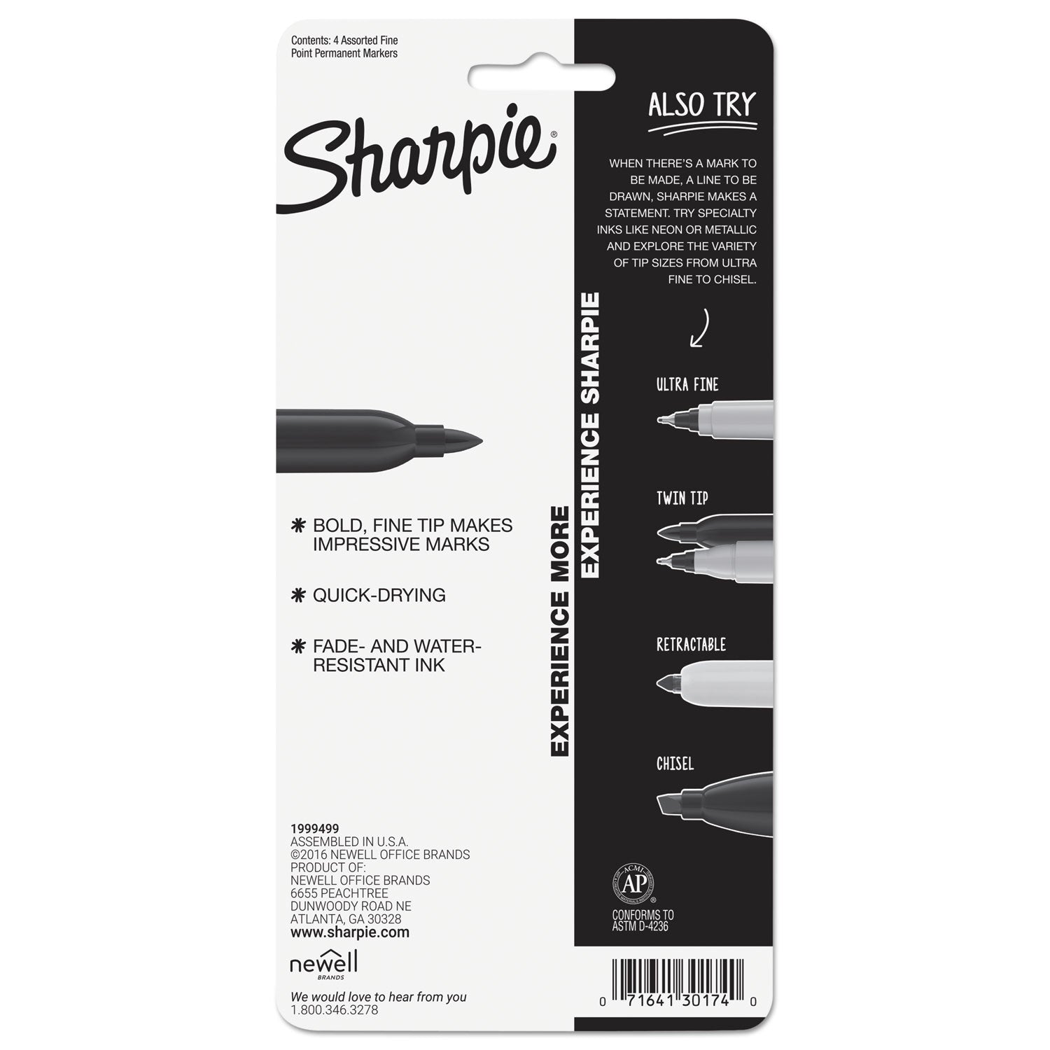 Sharpie Fine Tip Permanent Marker, Fine Bullet Tip, Assorted Colors, 4/Set (30174PP)