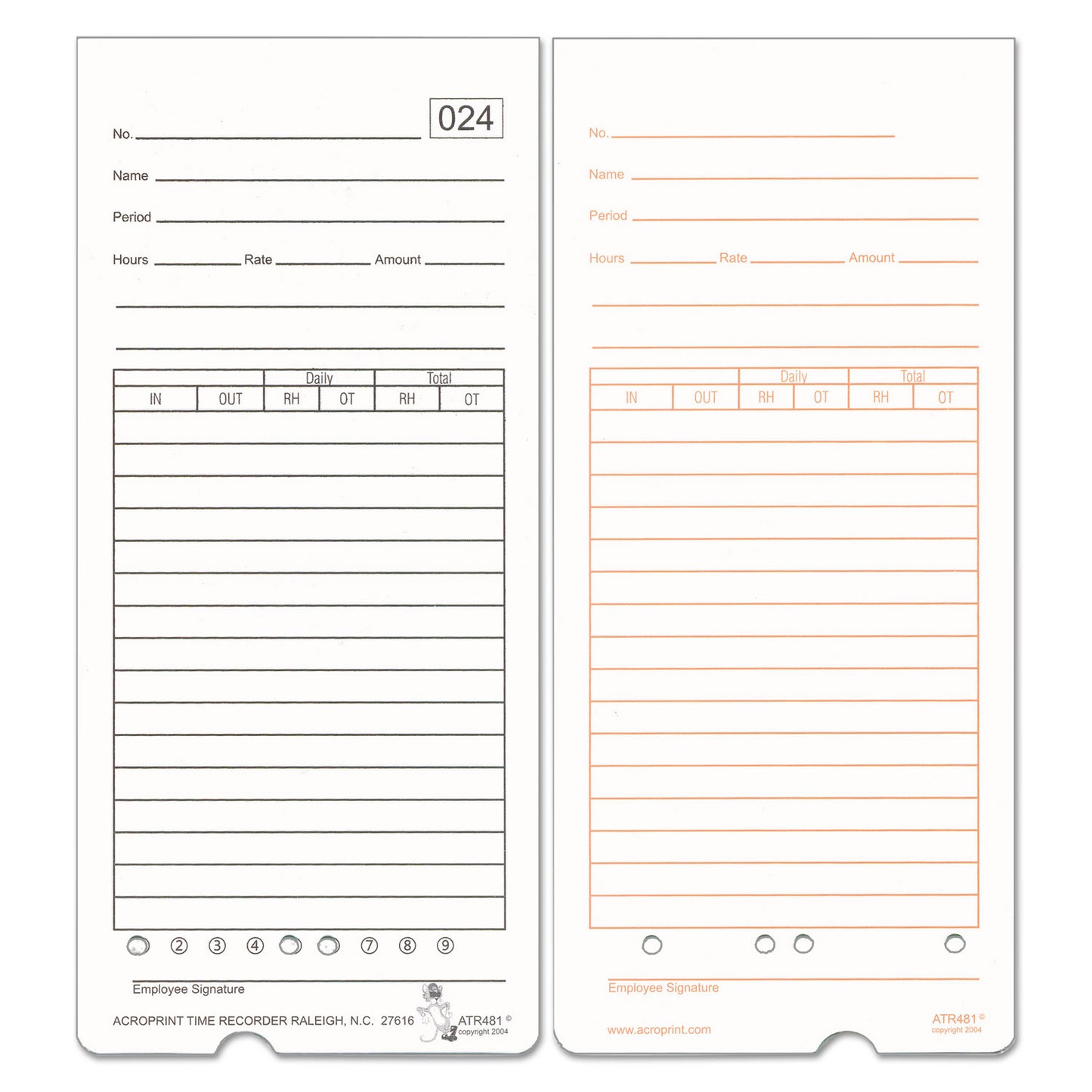 Time Clock Cards for Acroprint ATR480, Two Sides, 7.5 x 3.35, 50/Pack (099115000)