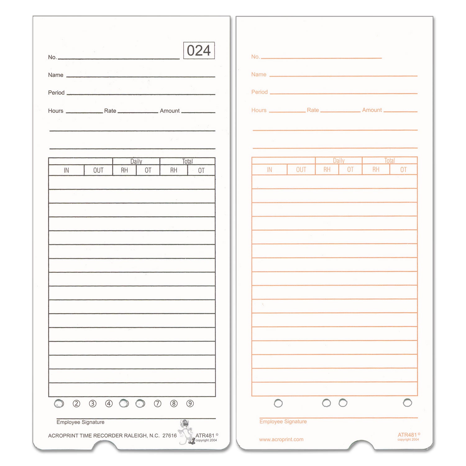 Time Clock Cards for Acroprint ATR480, Two Sides, 7.5 x 3.35, 50/Pack (099115000)