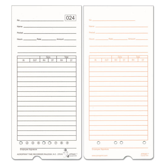 Time Clock Cards for Acroprint ATR480, Two Sides, 7.5 x 3.35, 50/Pack (099115000)