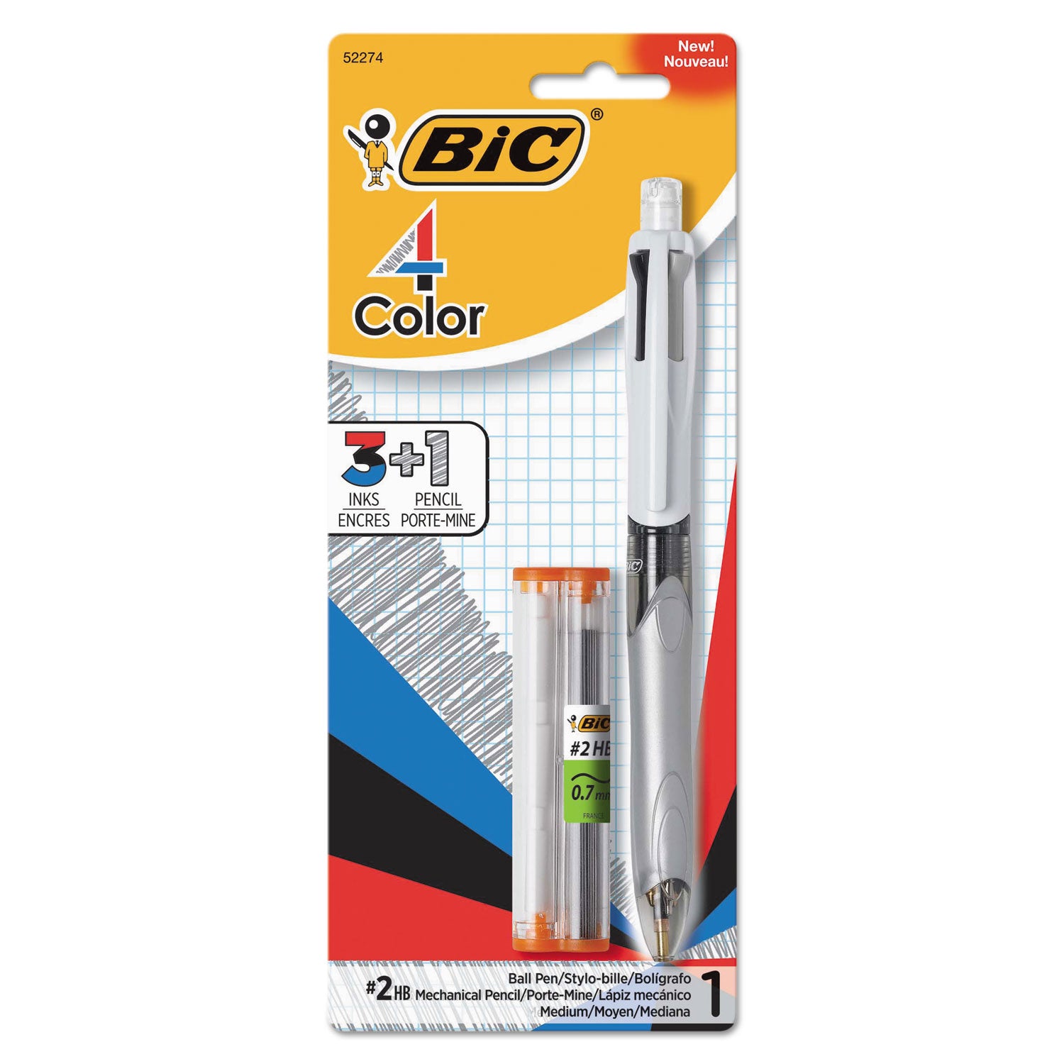 BIC 4-Color 3 + 1 Multi-Color Ballpoint Pen/Pencil, Retractable, 1 mm Pen/0.7 mm Pencil, Black/Blue/Red Ink, Gray/White Barrel (MMLP1AST)